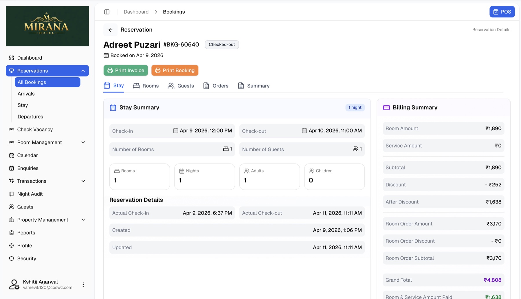 Reservation detail showing stay summary and a full billing breakdown (room, service, subtotal, discount, grand total)